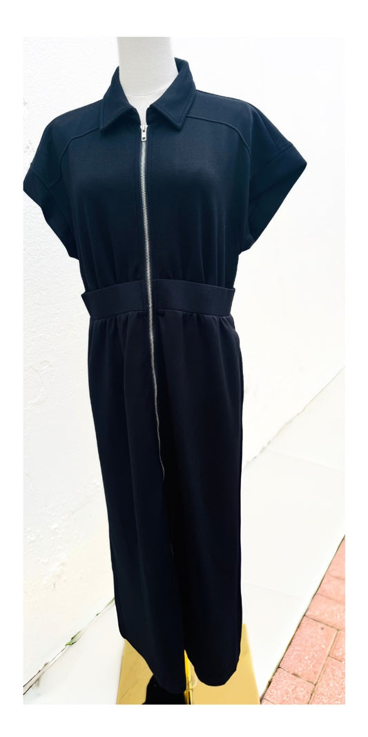 Black Zip-Up Midi Dress