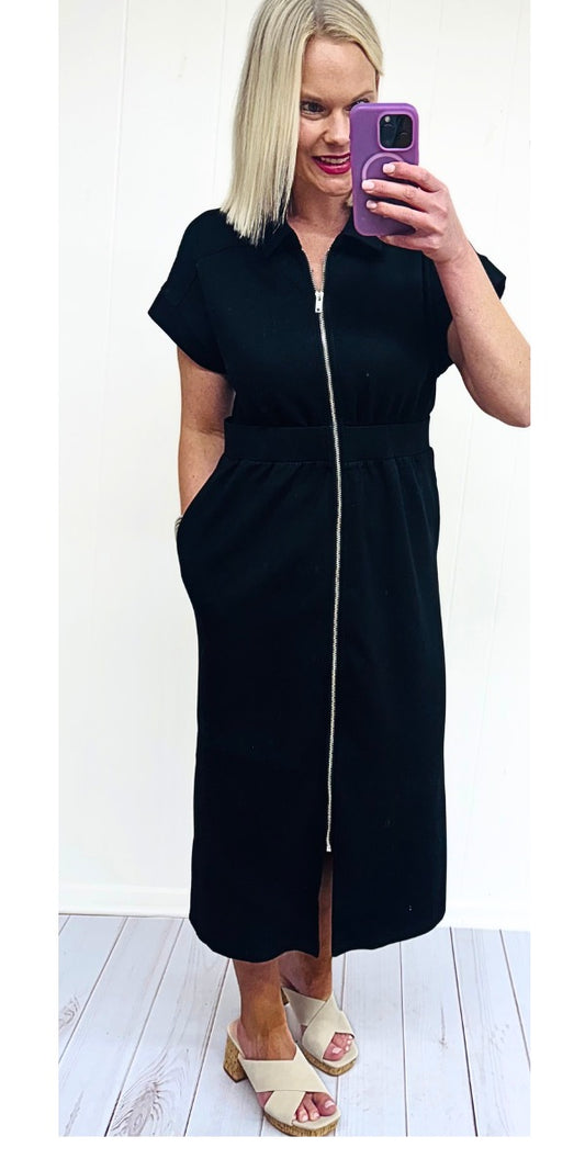 Black Zip-Up Midi Dress